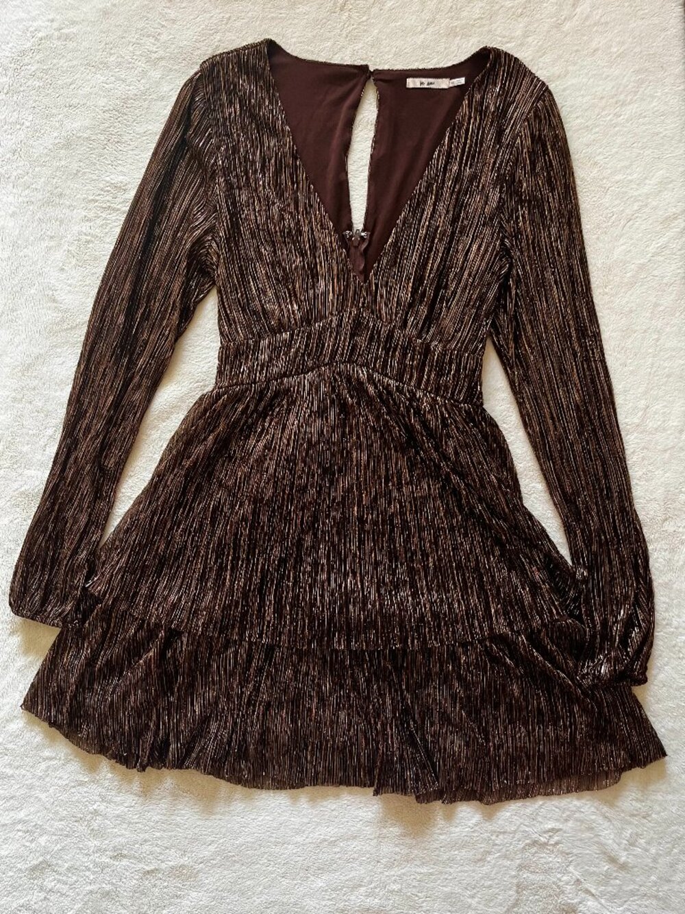 Francesca’s Deep Brown Metallic Tiered Dress | Medium